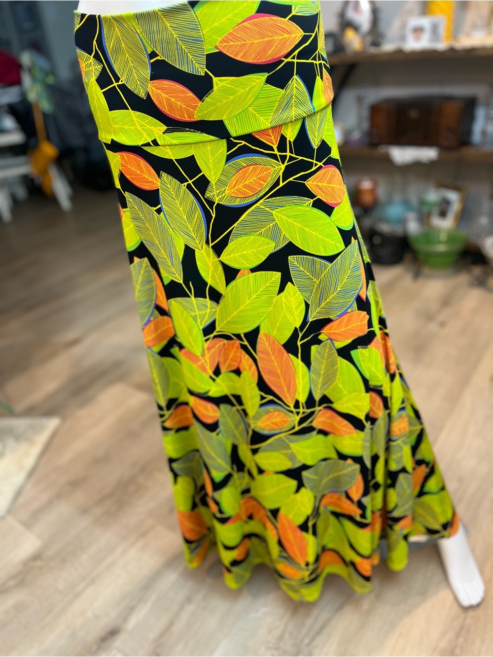 LuLaRoe Neon Leaf-Print Maxi Skirt in Black, Lime & Orange - Picture 2 of 5